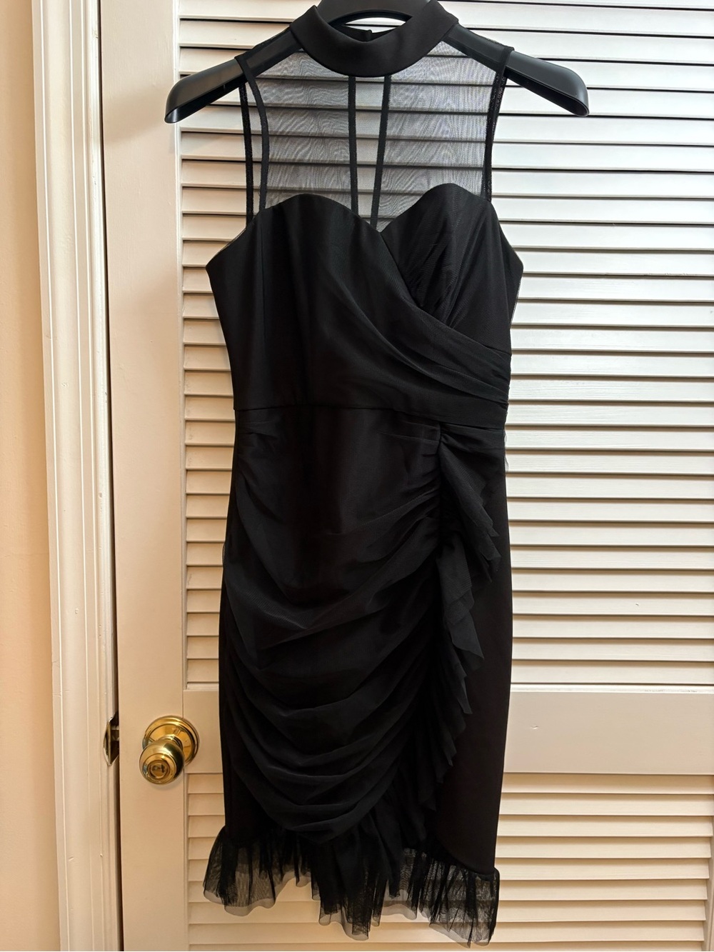 Bebe Black Mesh Ruched Dress (Size 2)